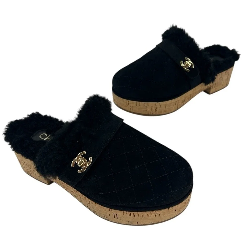 Chanel 21A Black Shearling‎ CC Turn Clasp Quilt Cork Mules Size 36